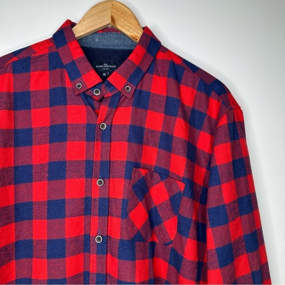 RUE SAINT-PATRICK Men’s Red Navy Plaid Flannel Shirt Size XL - Picture 1 of 7